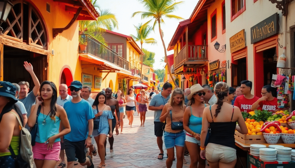 A bustling harbor with lush palm trees and azure waters in the background. In the foreground, a group of well-dressed travelers gathered around a kiosk with the "Cruise Planner" logo, discussing their vacation plans. The scene is bathed in warm, golden lighting, creating a sense of excitement and anticipation. The composition is balanced, with the ships in the distance providing a nautical backdrop to the central focus of the group strategizing their group cruise booking.